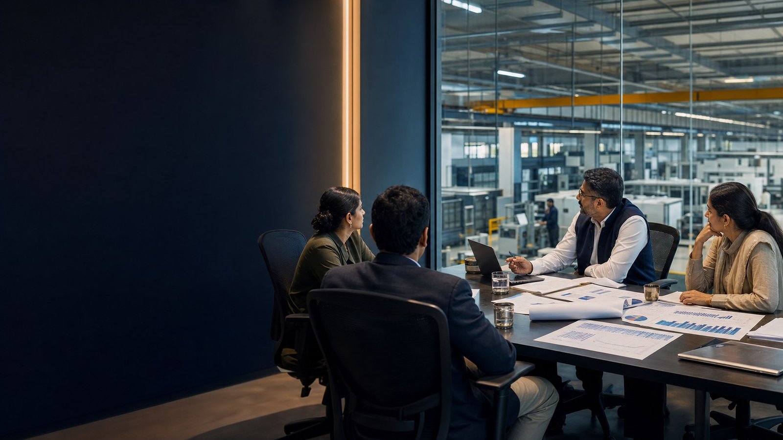 Indian business leaders discussing transformation in a manufacturing environment